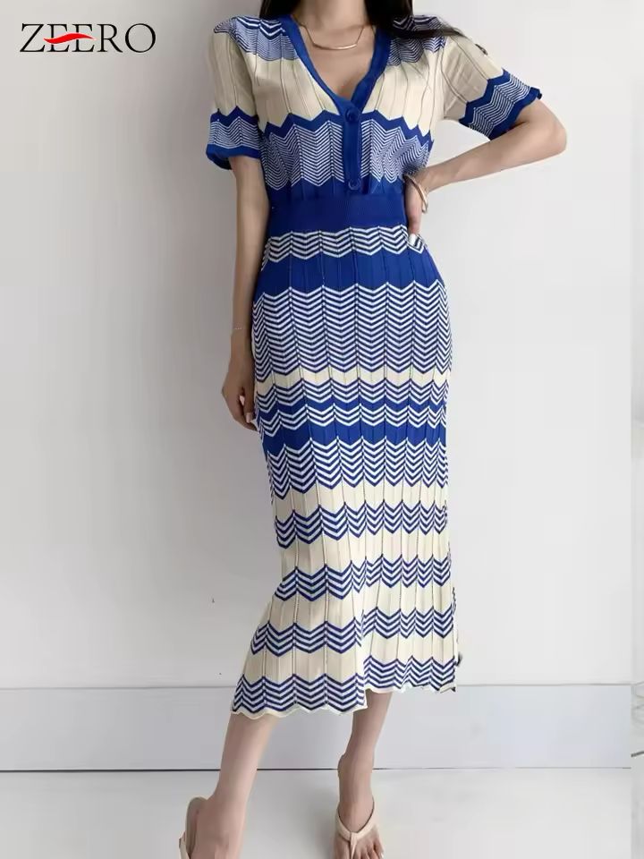 Sandro Blue And White Chevron Pattern Knit Cardigan And Maxi Skirt Set