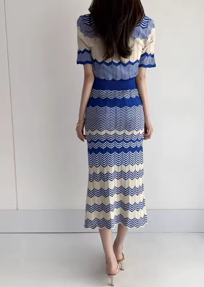 Sandro Blue And White Chevron Pattern Knit Cardigan And Maxi Skirt Set