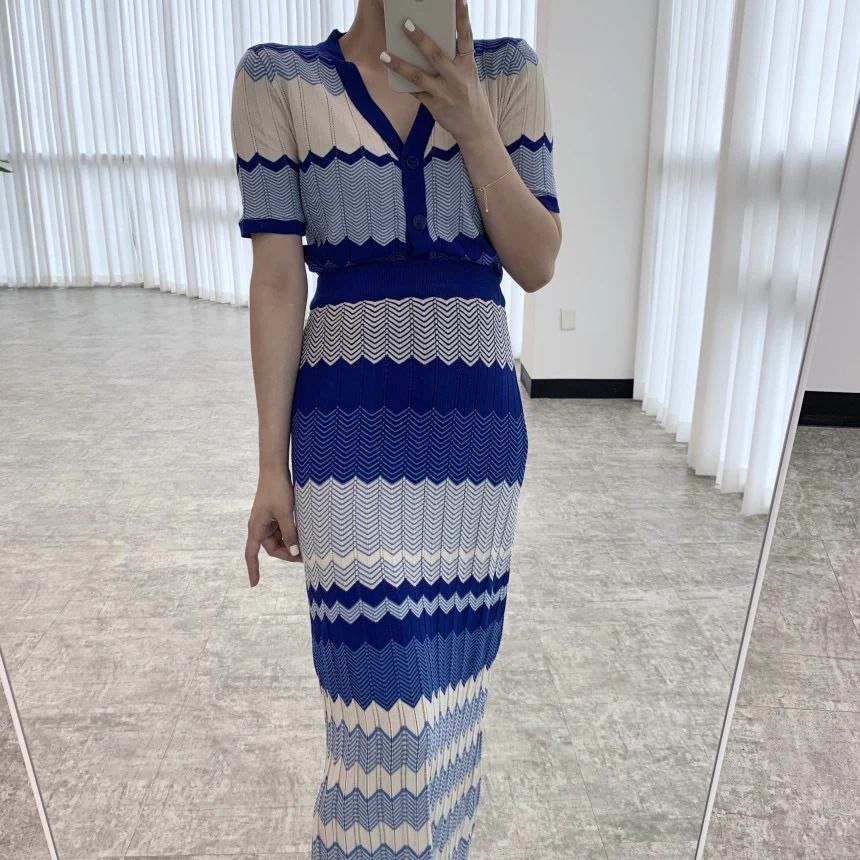 Sandro Blue And White Chevron Pattern Knit Cardigan And Maxi Skirt Set