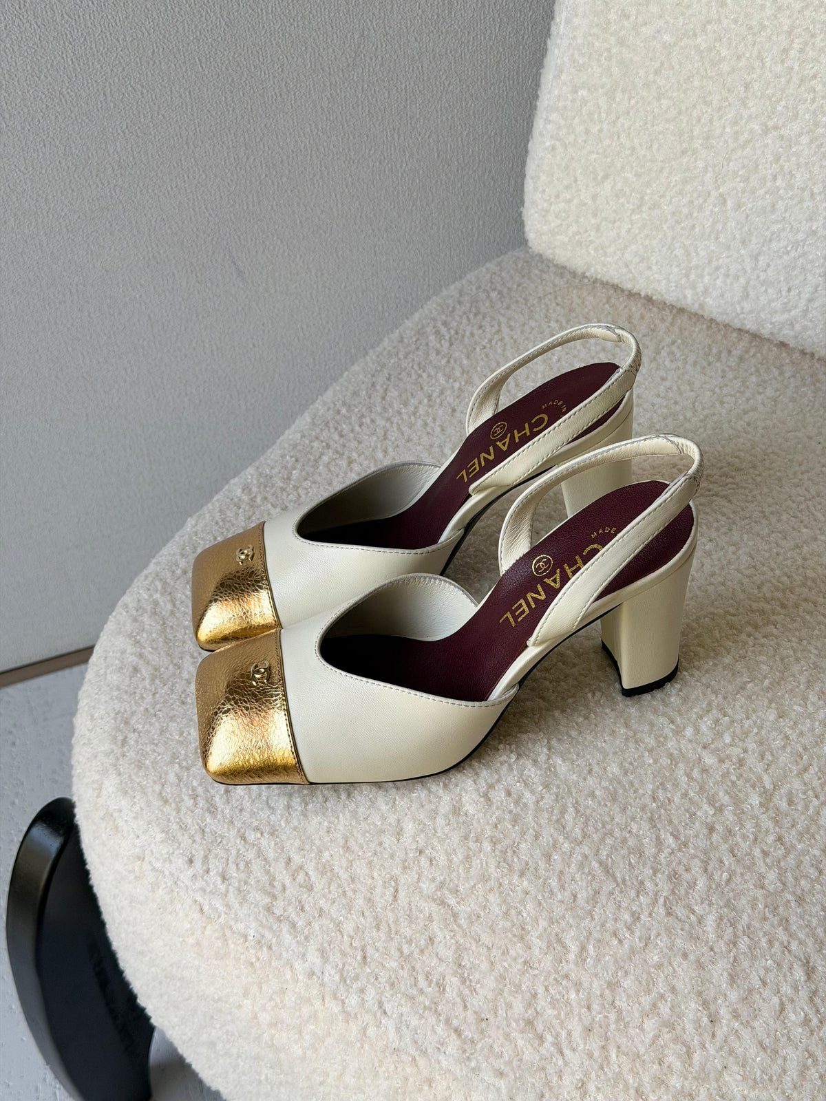 Chanel White And Gold Heels