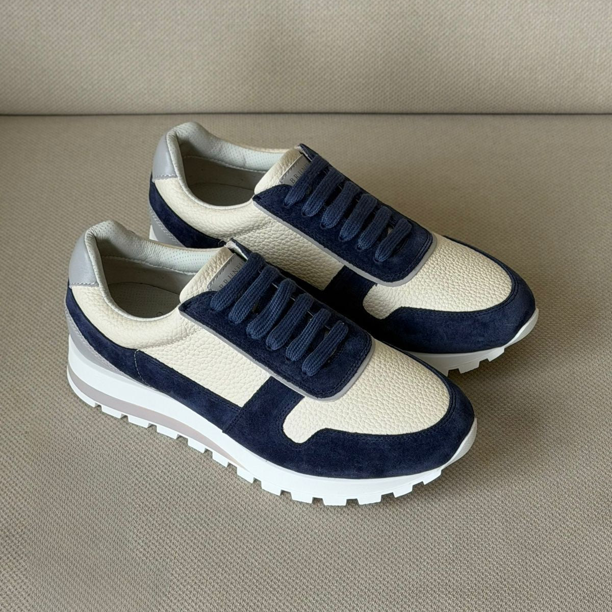 BRUNELLO CUCINELLI Blue Washed Suede And Calfskin Runner Trainers